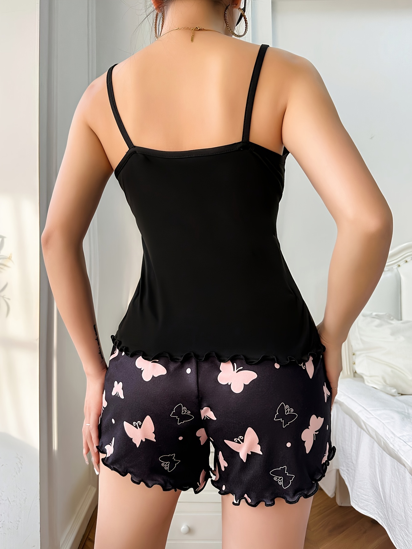 womens heart patterned pajama set with ruffle hem shorts casual polyester knit fabric fine shoulder strap adult spring summer sleepwear and loungewear Product details 1
