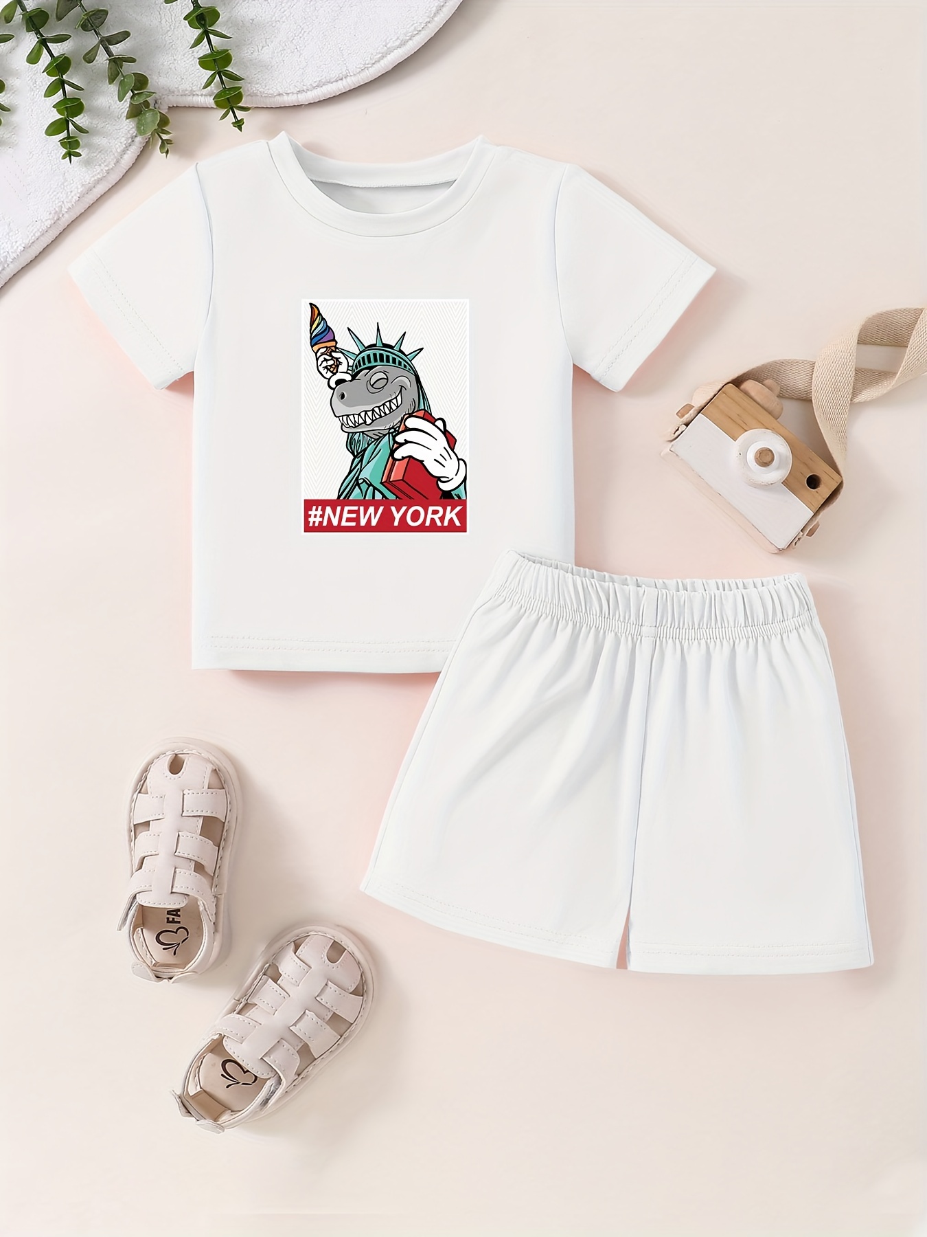 2pcs Baby Boy Dinosaur Print Short-sleeve T-shirts and Shorts Sets