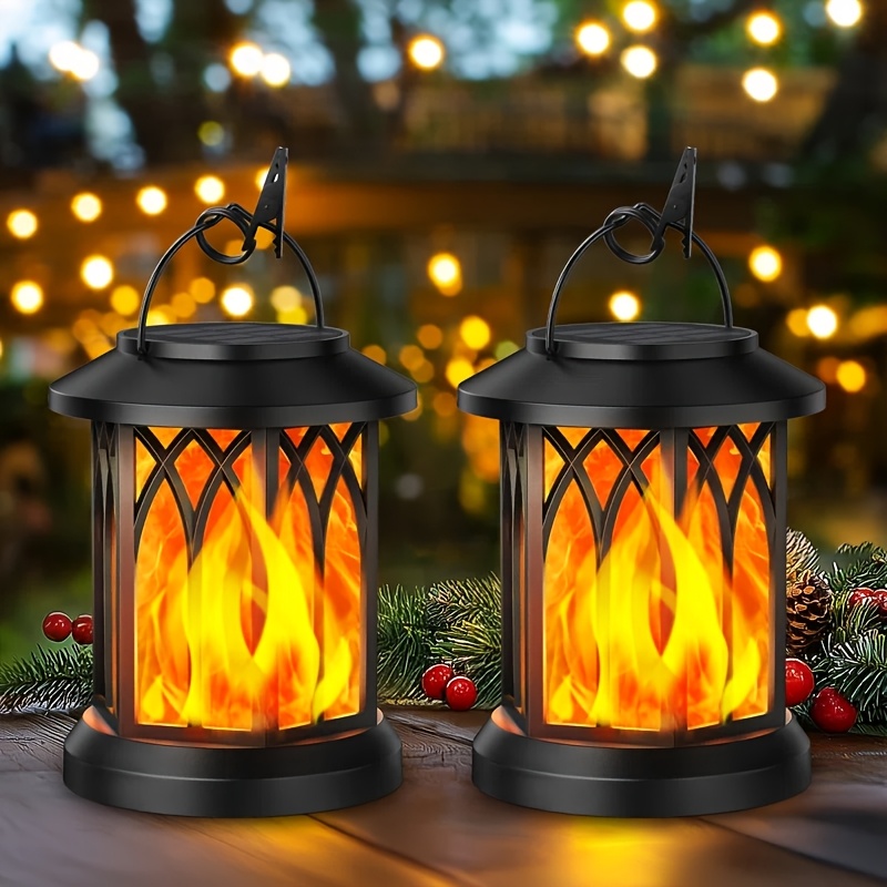 E-shop 2er Pack Solarleuchten für Draußen, Hängende Solar-Laternen mit Flammeneffekt, IPX5 Garten-Deko mit Clips für Hof, Balkon, Halloween