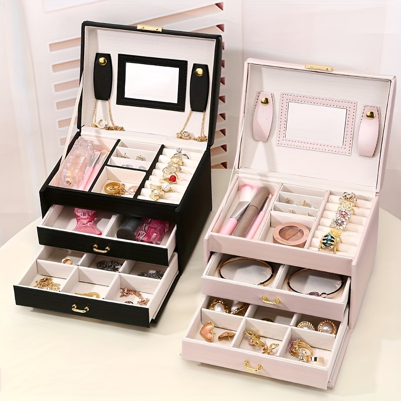 1pc Caja Organizadora de Joyería Elegante con Candado - 3 Niveles, Gran Capacidad en Cuero Sintético para Aretes, Anillos, Collares y Accesorios, Cajones Forrados en Terciopelo, Diseño Rectangular Clásico para Toallador o Mesa de Maquillaje, Regalo para San Valentín/Día de la Madre, Construcción en Cuero Sintético