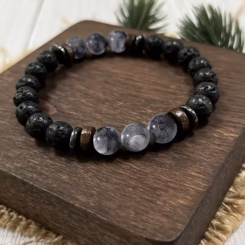 rock obsidian bracelet with round natural stones handmade beads unisex accessory bohemian style birthday and christmas gift unique festive wearable jewellery Product details 3