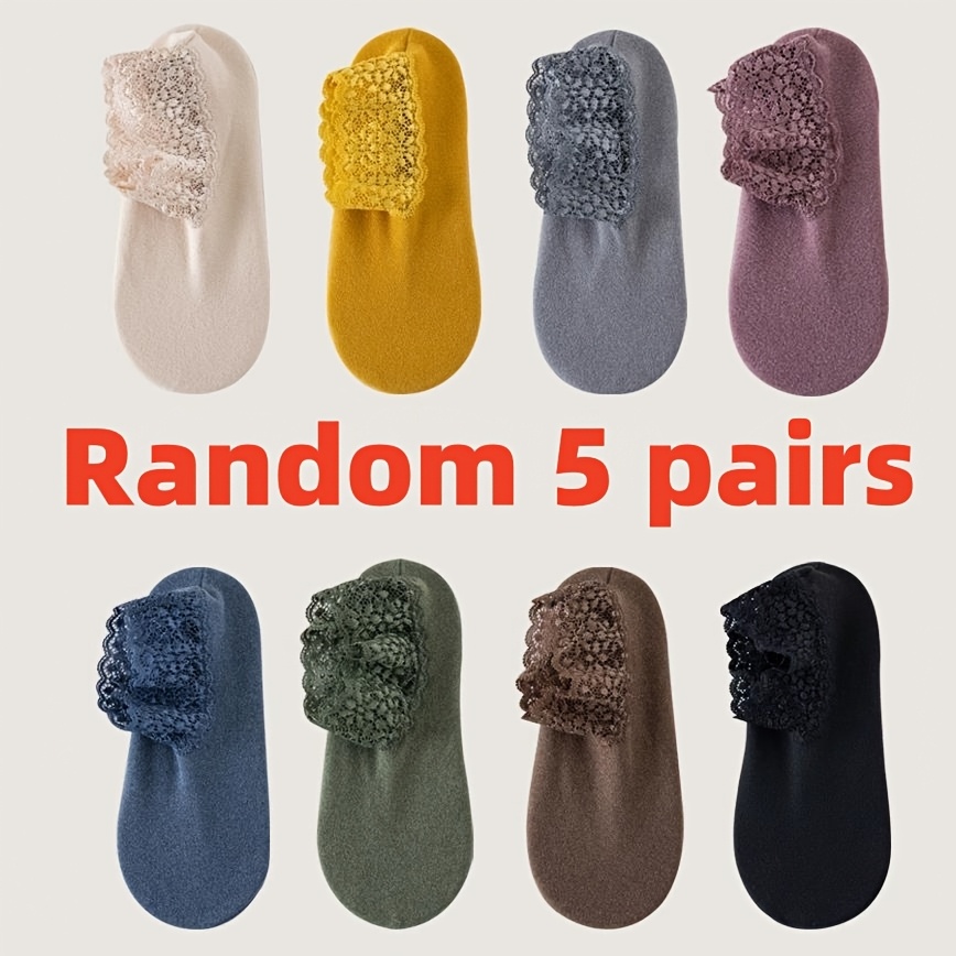 Image of 5 Pairs Of Women's Lace-trimmed Socks, Plush And Versatile, Perfect For Keeping Warm While Sleeping Or Lounging At Home