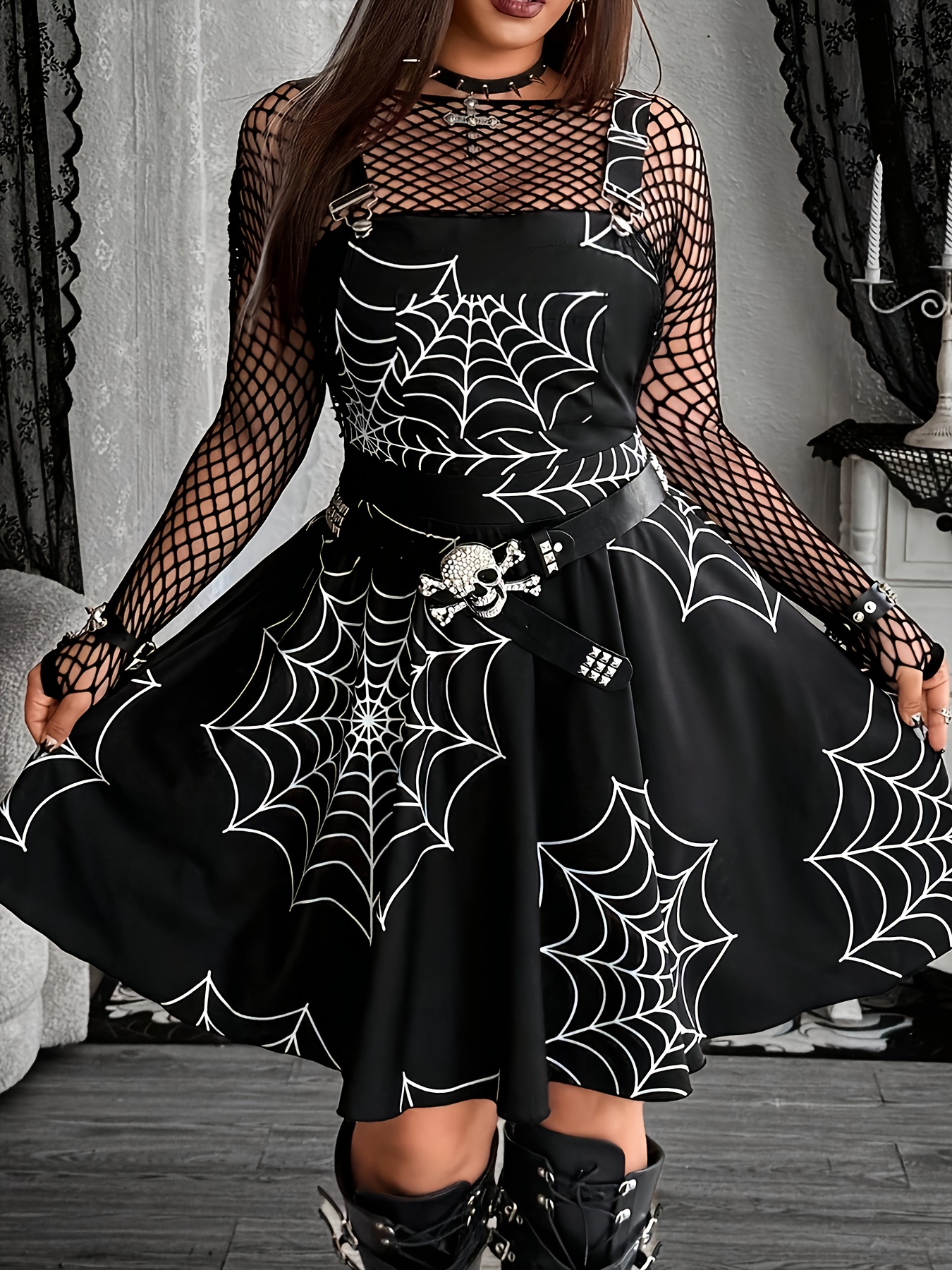 knee length dresses for ladies Punk Skull Skater Dress In Black for Goth Girls