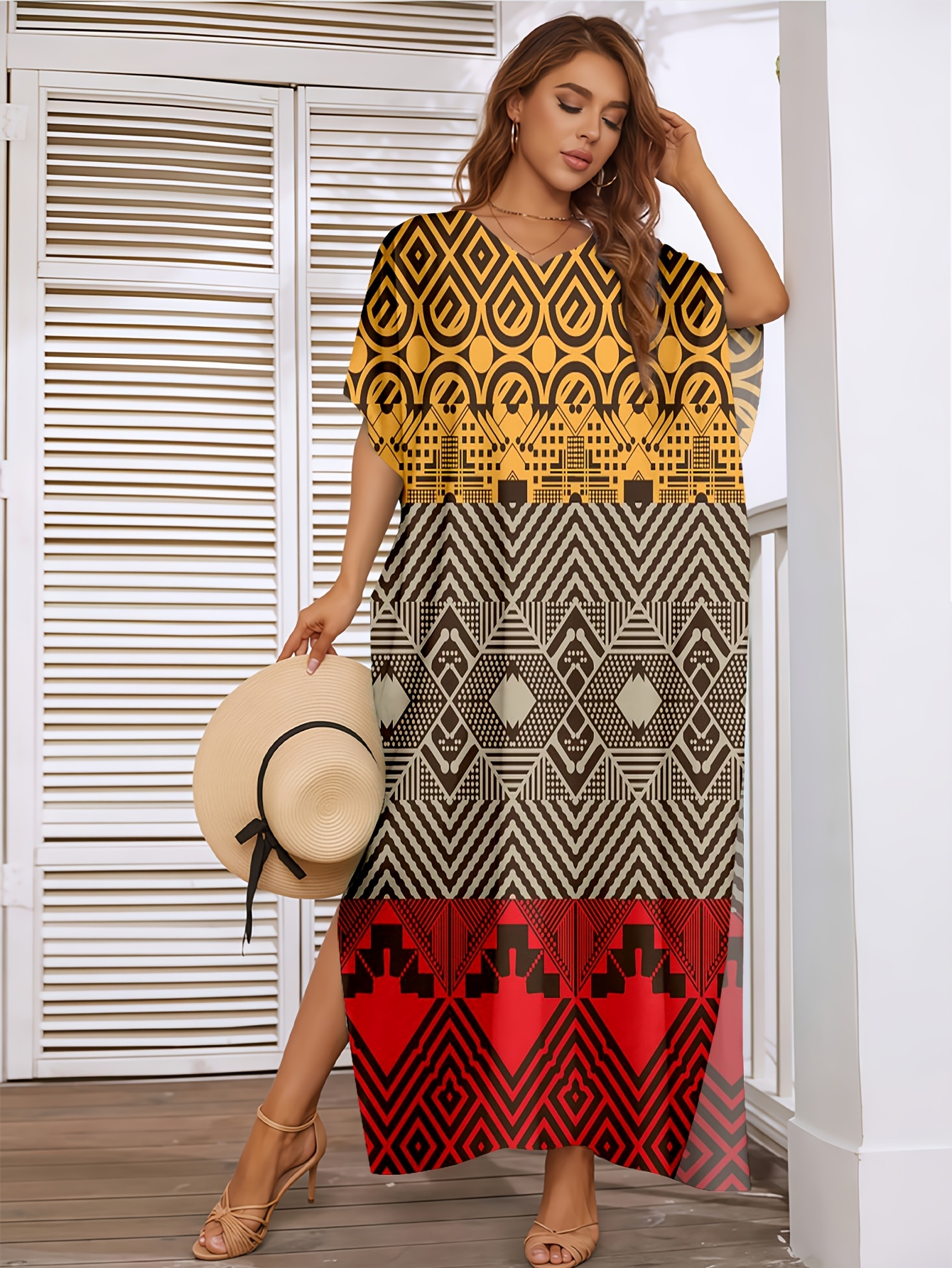 Summer Fashion Printed Vacation Colorful Geometric Bohemian Festival Element Slit Beach Cover-Up Loose Long Dress Casual Slit Hem Beachwear Combining * *