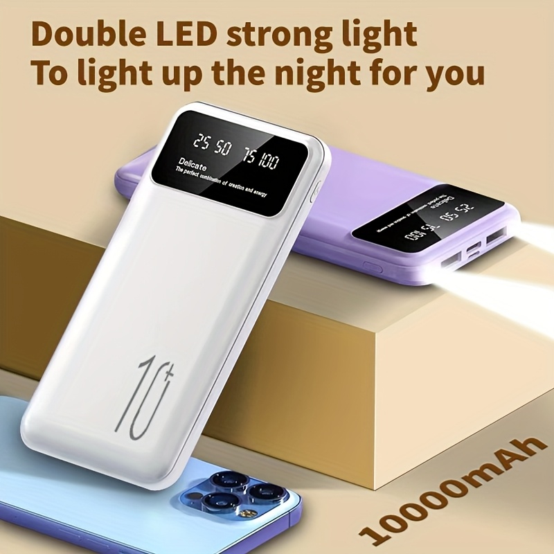 Batterie Externe Portable Rechargeable avec Lumière, Entrée Type-C 10W, Double Sortie USB-A 10W, Options de Capacité 10000mAh/20000mAh, Compatible avec iOS et Android, Adaptée aux Téléphones, Casques, Tablettes et Autres Appareils Électroniques
