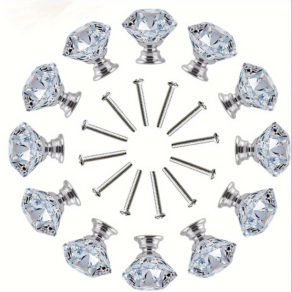 

12 Pcs Polished Aluminium Drawer Knobs With Diamond-shaped Crystal Glass, 30mm Cabinet Pull Handles For Drawers