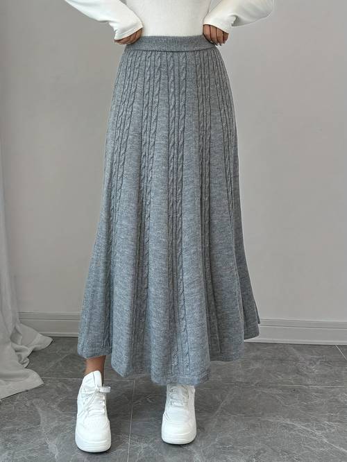 womens solid color minimalist high waisted cable midi skirt