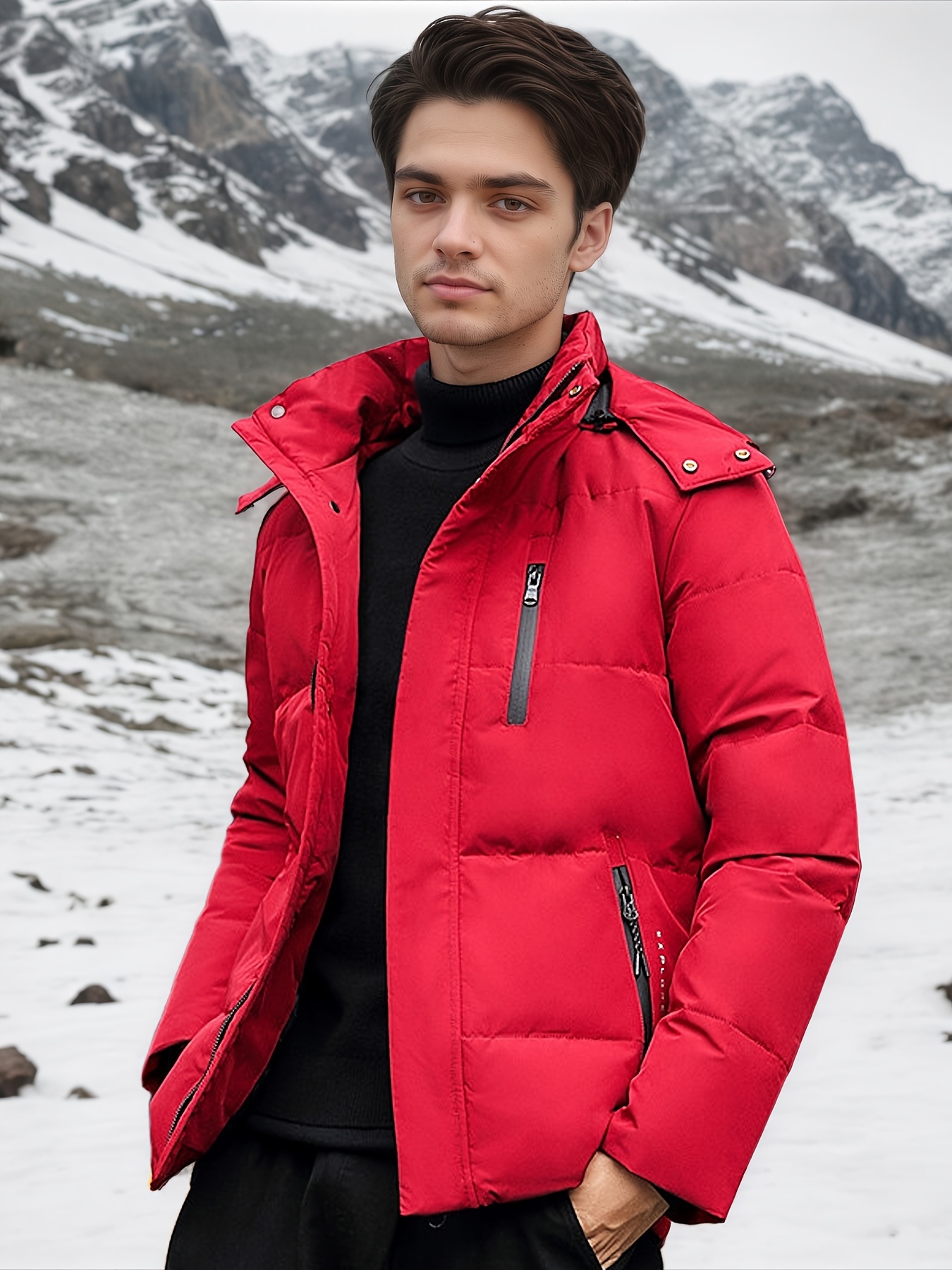 Jennine.wang Men's Hooded Warm Down Jacket, Multi Pocket Design