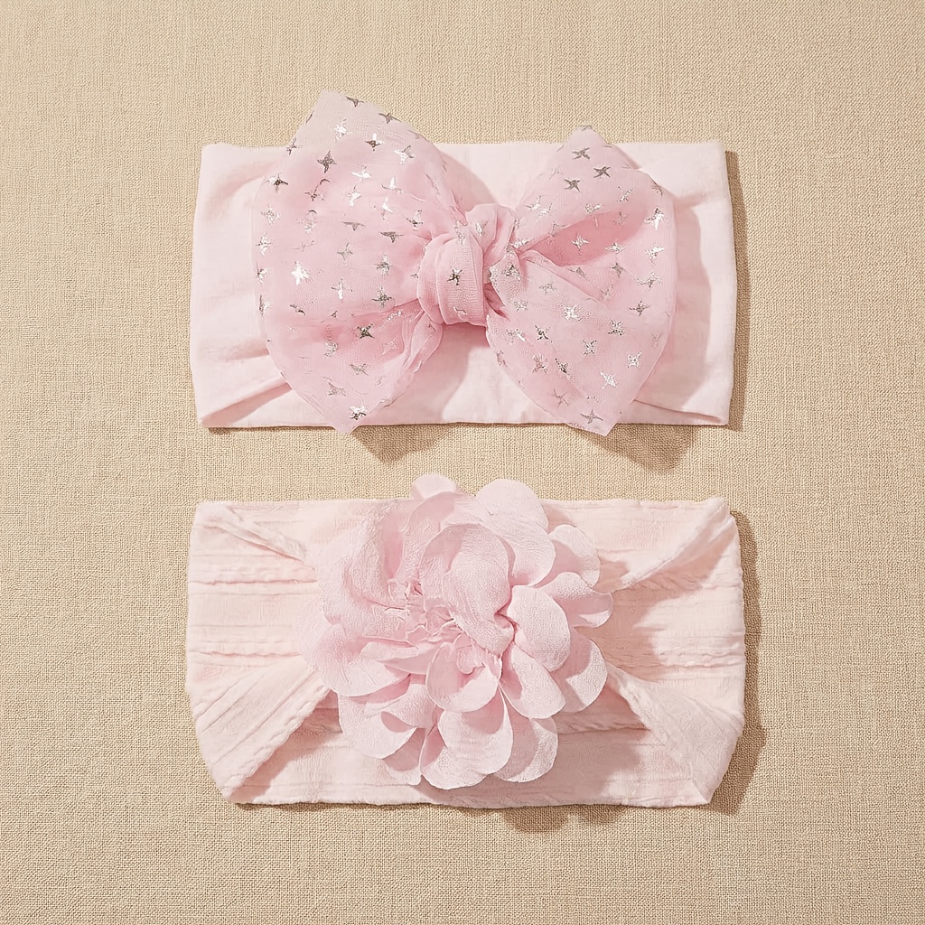 Image of 2pcs Baby Bowknot Flower Hairband, Baby Elastic Headband, Daily Street Wear Matching Additions