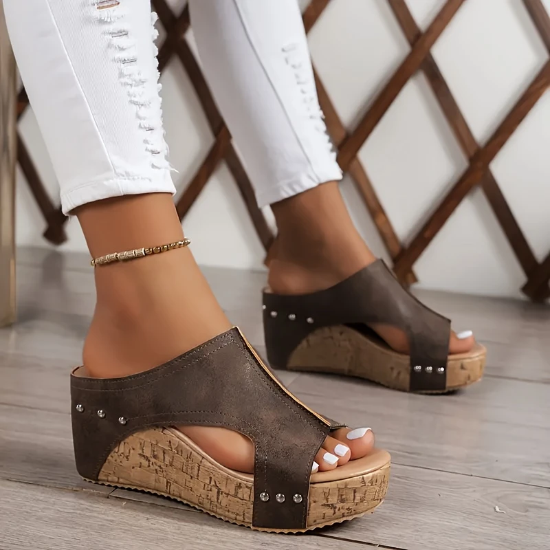 womens retro thick soled sandals open toe side hollowed out heel casual shoes comfortable wedge heeled shoes for summer details 1