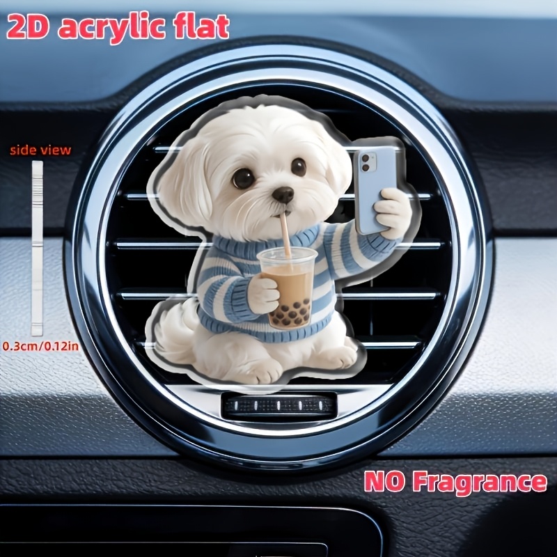 TEMU 2d Flat, 1pc Cute Maltese Dog Drinking Milk Tea And Playing With Phone Pattern Car Vent Clip Decoration, "unscented", With Dual Unscented Sponge