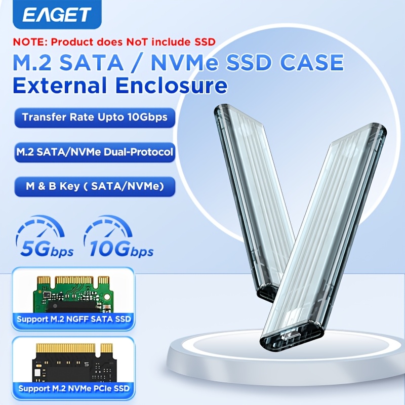 

Eaget M.2 Nvme Sata Ssd Enclosure - Usb 3.2 Type-c, 10gbps, Supports /b+, Fits 2230/2242/2260/2280 Models