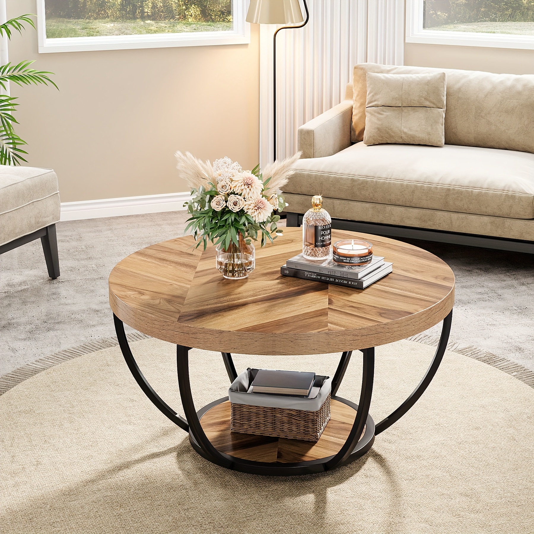 TEMU Mesa de Café Redonda de Madera de 32" con Estructura de Metal Negro, Diseño de Almacenamiento Abierto de 2 Niveles, de Industrial Contemporáneo