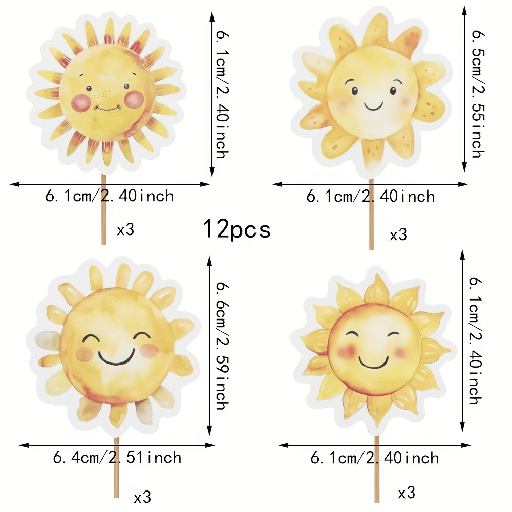 12pcs Sun Smile Cake Toppers - Sunflower & Cupcake Decorations For Summer-themed ' Birthday Parties, Bamboo Material, No , Sun Birthday Decorations For Halloween,christmas Event & Party Supplies