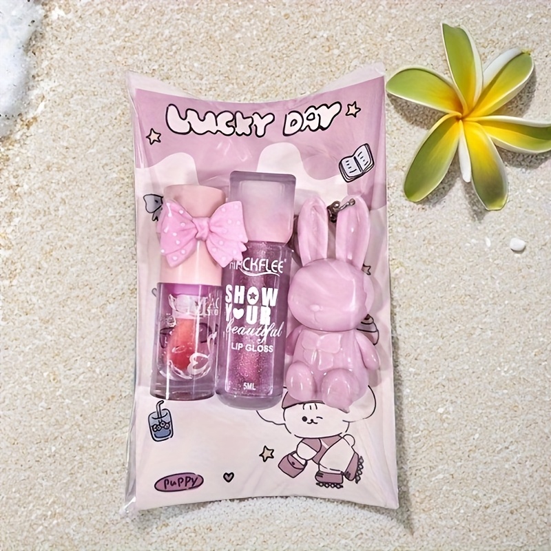 Image of Cute Little Girl's Heart Christmas Lip Gloss Gift Set - 3pcs Set: Colored Bunny Matte Lip Gloss + Fine Glitter Lip Glaze + Large Brush Head Bow Moisturizing Pink Lip Oil (3 Styles Combination Set)