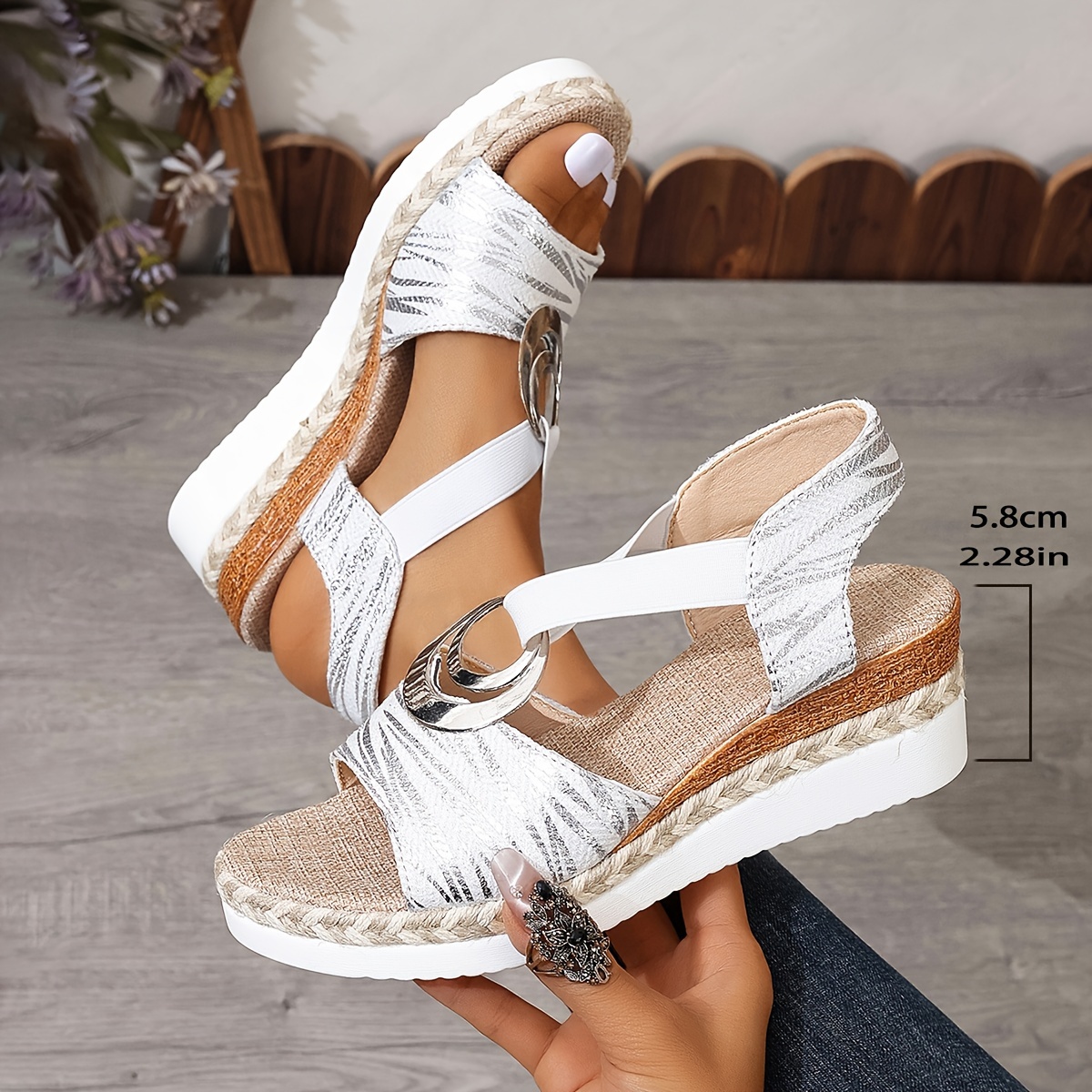 

Women's Stylish Platform Sandals, Ankle Strap Slip On Walking Comfort Shoes, Casual Wedge Metalic Buckle Shoes