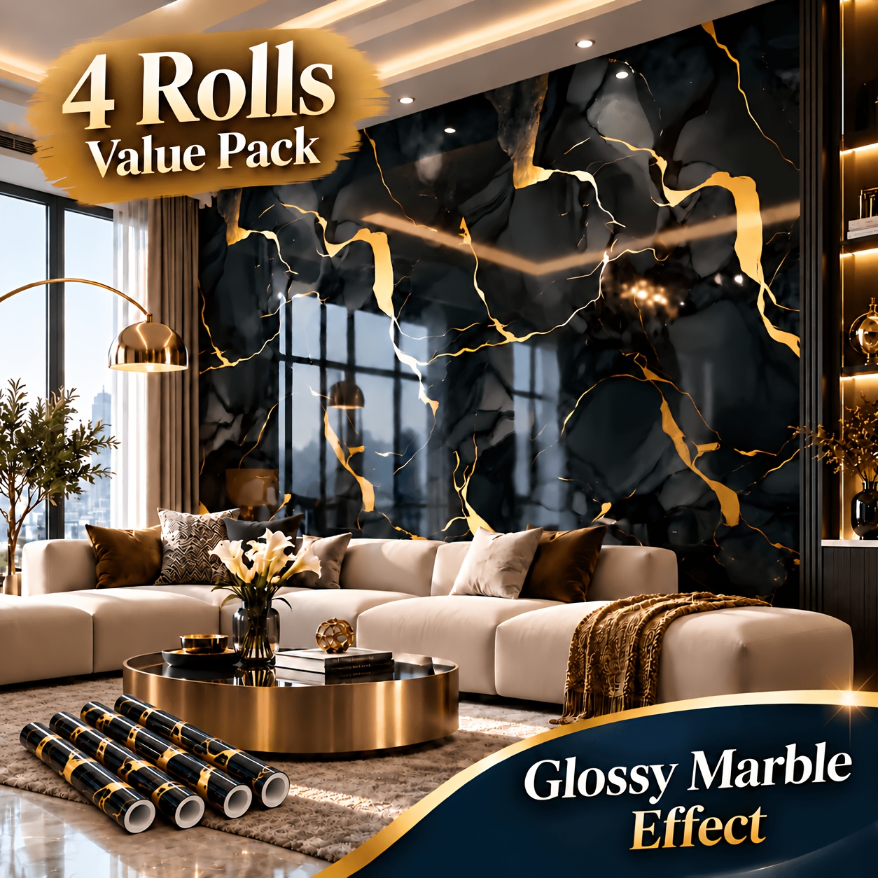 TEMU 4 Rollos, Adhesivos de Pared Autoadhesivos con de Mármol Dorado, Impermeables y Resistentes al , Papel Tapiz de PVC Removible, Se Puede Pelar y