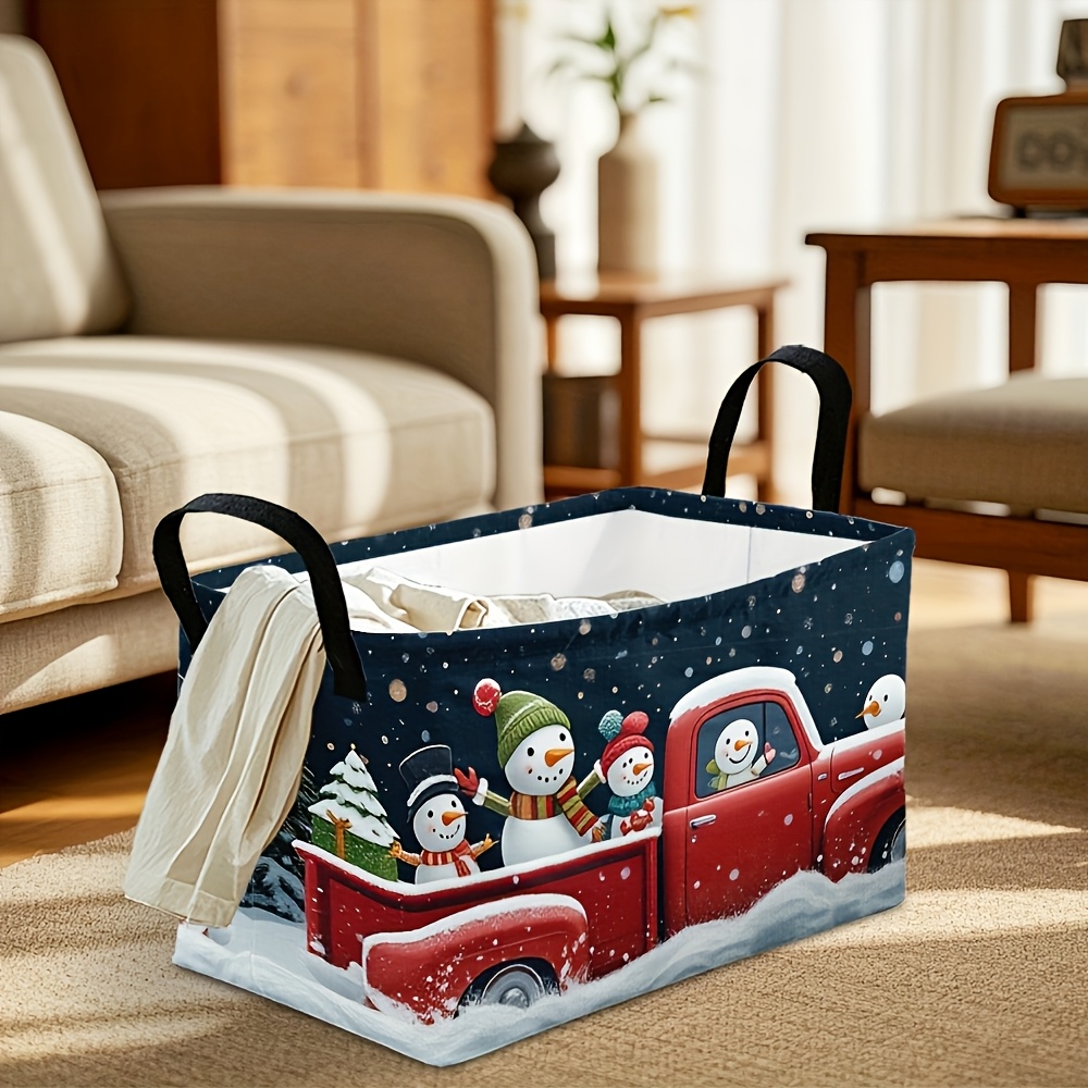 TEMU 1pc Large Collapsible Storage Basket With Handles - Festive Snowman Penguin Winter Scene Print, Durable Polyester Fabric Hamper For Home, Dorm,