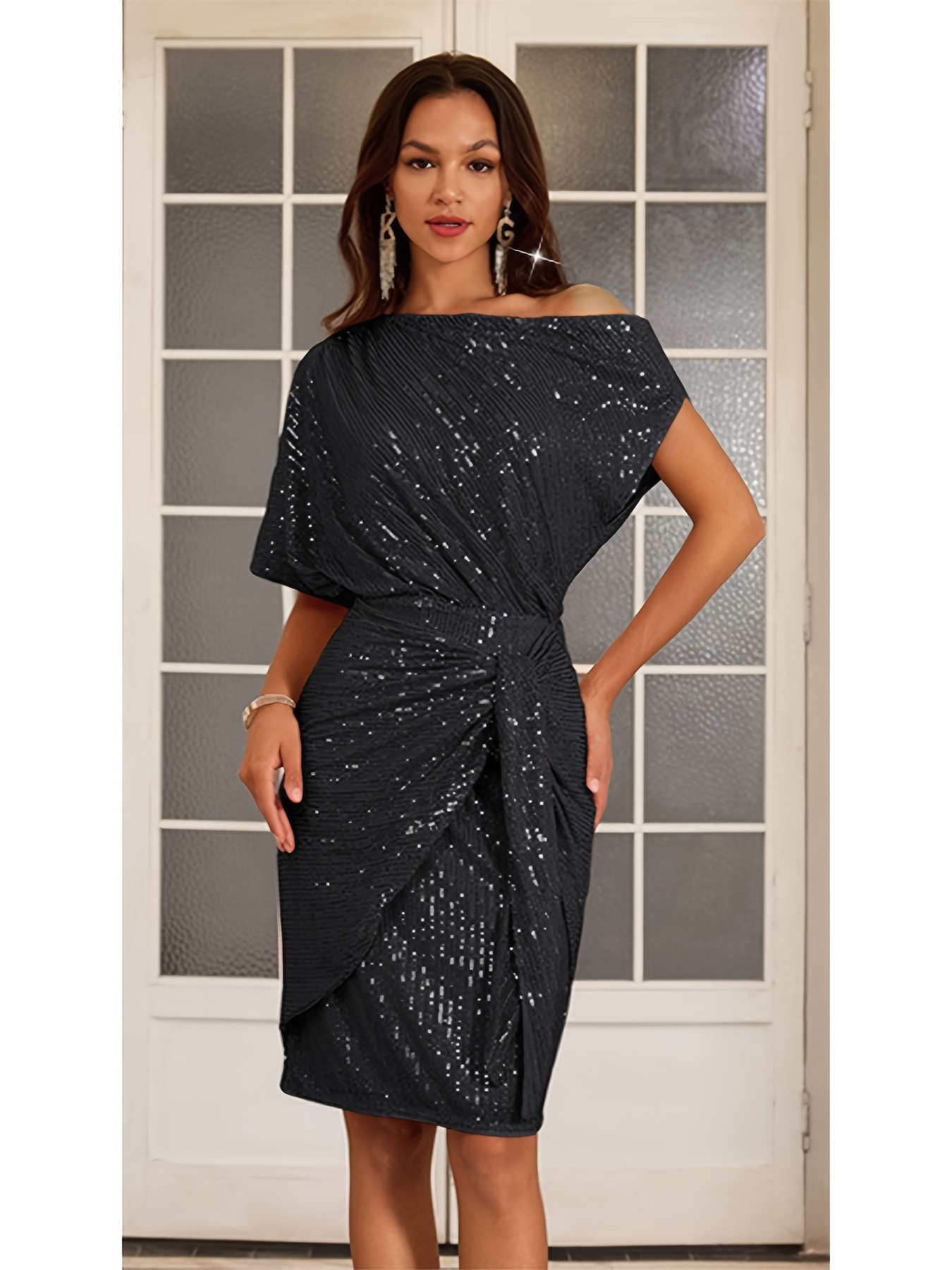 womens elegant one shoulder sequin dress adjustable hip wrap