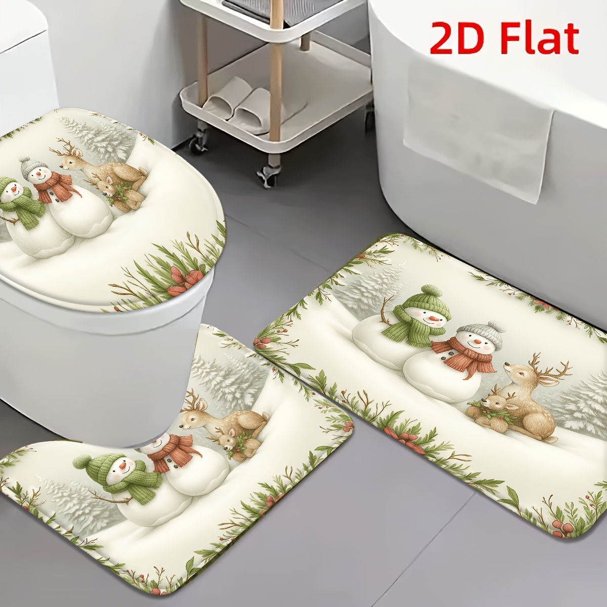TEMU 2d Flat 3pcs Winter Snowman And Deer Flannel Non-slip Toilet Mat Set Cozy Holiday Theme Bath Rug For Bathroom Entryway Bedroom Living Room Decor