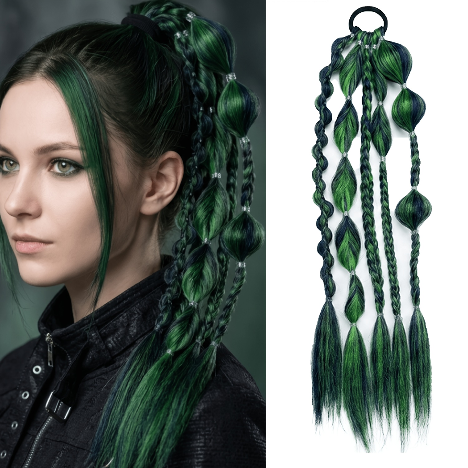 TEMU Extensión de cabello trenzado sintético para coleta, negro verde ombre, larga, , fácil de usar para mujeres
