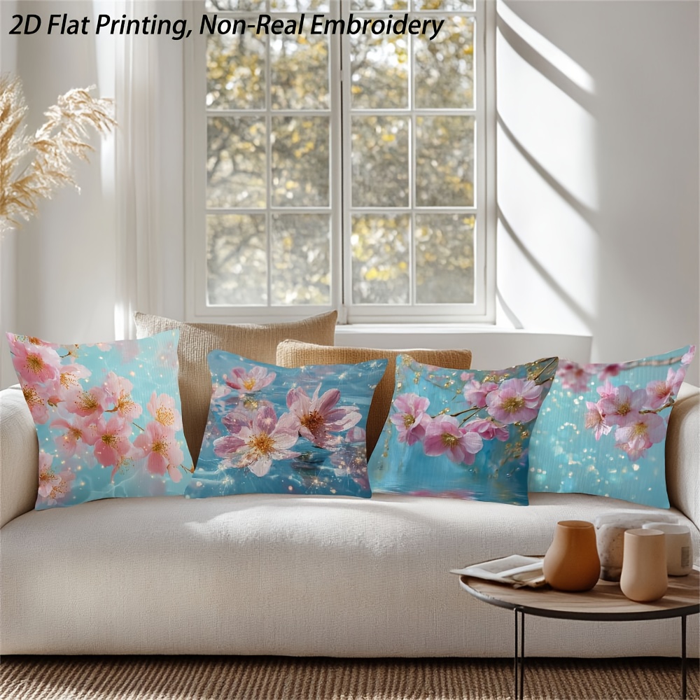 4pcs peach   floral throw pillow covers - contemporary  , non-real embroidery, machine washable, zippered, double-sided print for living room, bed, office, car, sofa decor - no inserts, polyester 100., bedroom decor | contemporary style | zippered pillowcase, decorative pillows Product details 7