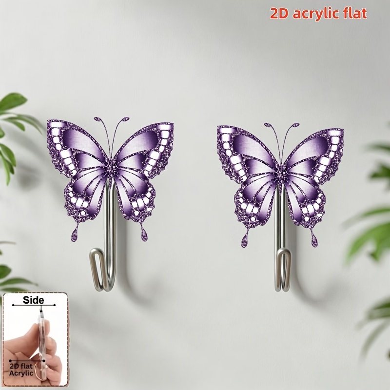 TEMU 2d Flat - 2pcs Purple Acrylic Hooks - No Drilling, Traceless Strong Adhesive & Bathroom Hooks, , Stylish Design. Suitable For Kitchen, Bathroom,