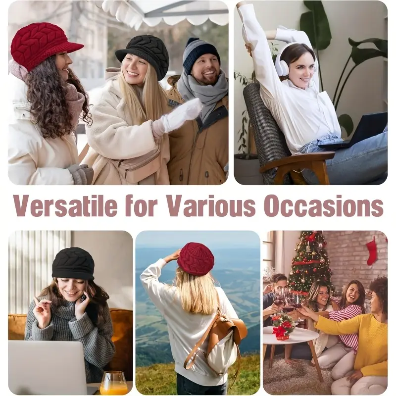 1 warme Wintermütze aus Acrylstrick für Damen mit Krempe, elastisch, atmungsaktiv, leicht, tailliert, Baskenmütze zum Überziehen, nur Handwäsche, einzigartiges Rippenmuster, dick gefüttert, winddicht, Designdetails 2