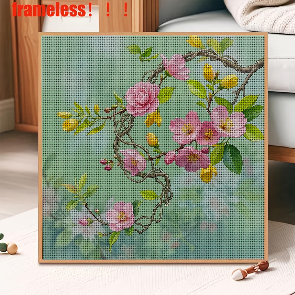 New Cross Stitch Printed Kit, Frameless, "Pink Yellow Flower Green Leaf"