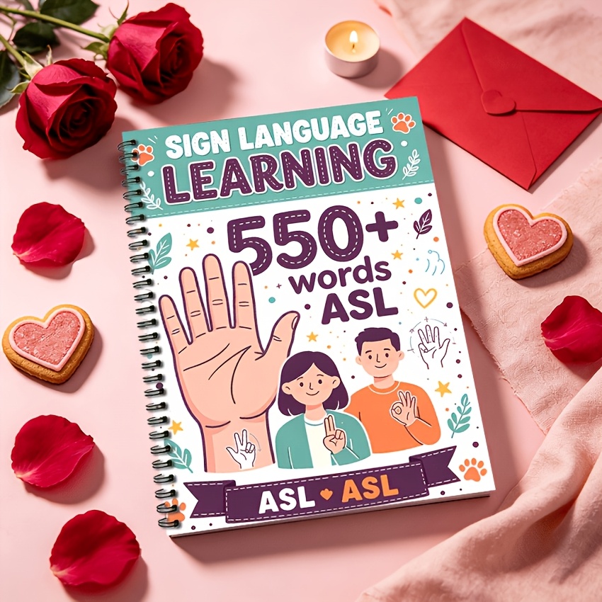 TEMU 1pc Hand Learning Notebook - 550pcs Asl Words Spiral Purple Banner Paw Print Theme Cover Adult Sign Language Practice Notebook Office Stationery