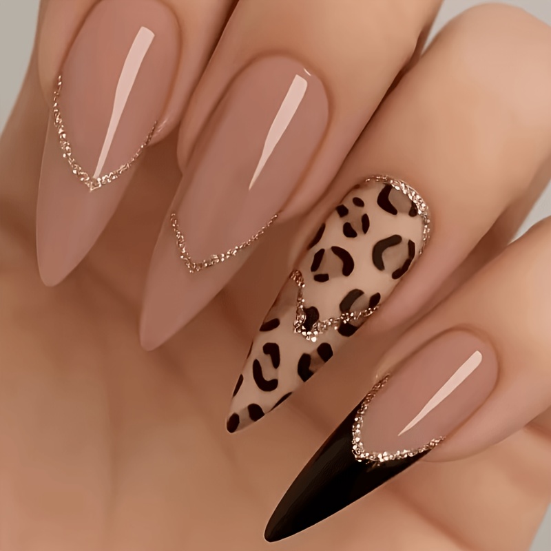 Image of 24pcs Almond-shaped Press- Nails Suitable For Nail Extensions With French Tip Glitter & Leopard Print Patches, Removable False Nails Suitable For Nail, Gel Glue & File Included For - Application (no)