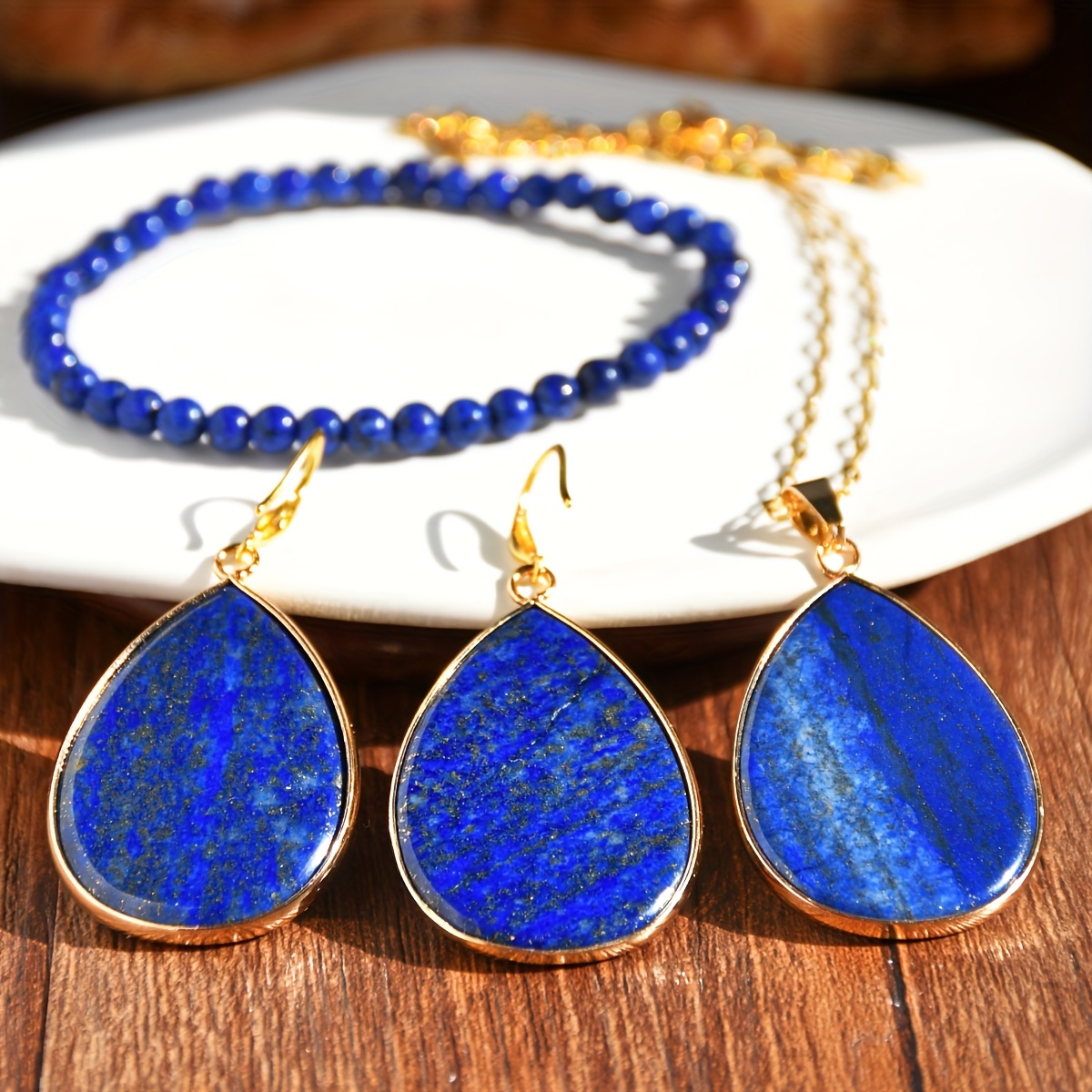 Lapis Lazuli Dangle Earrings & Necklace Set with Golden Tone