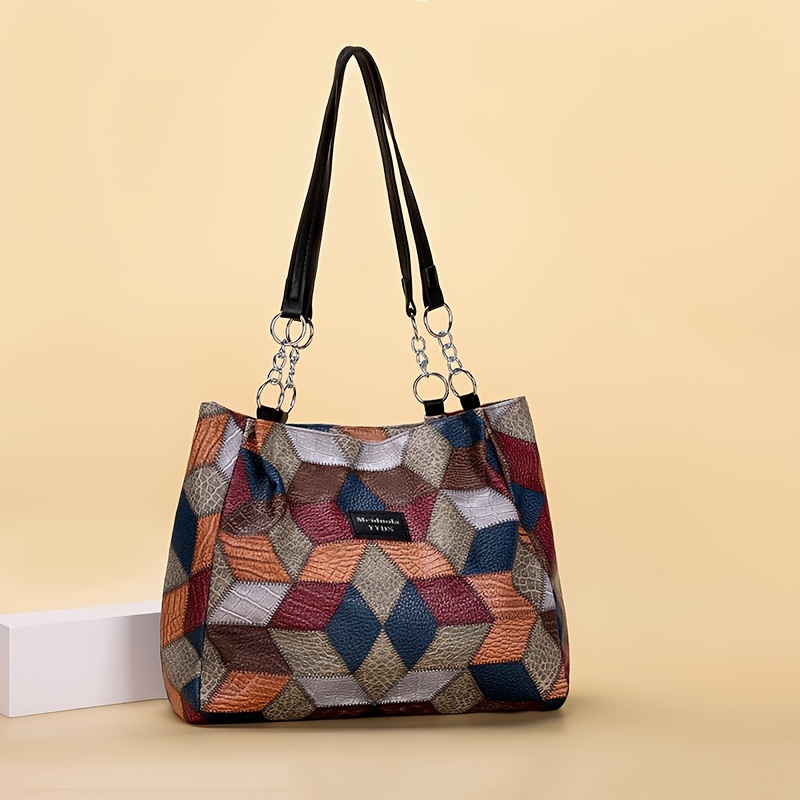 

Shoulder Bag With Geometric Pattern, Women's Versatile Simple Stitching Large Capacity Tote Bag, Casual Lightweight Handbag