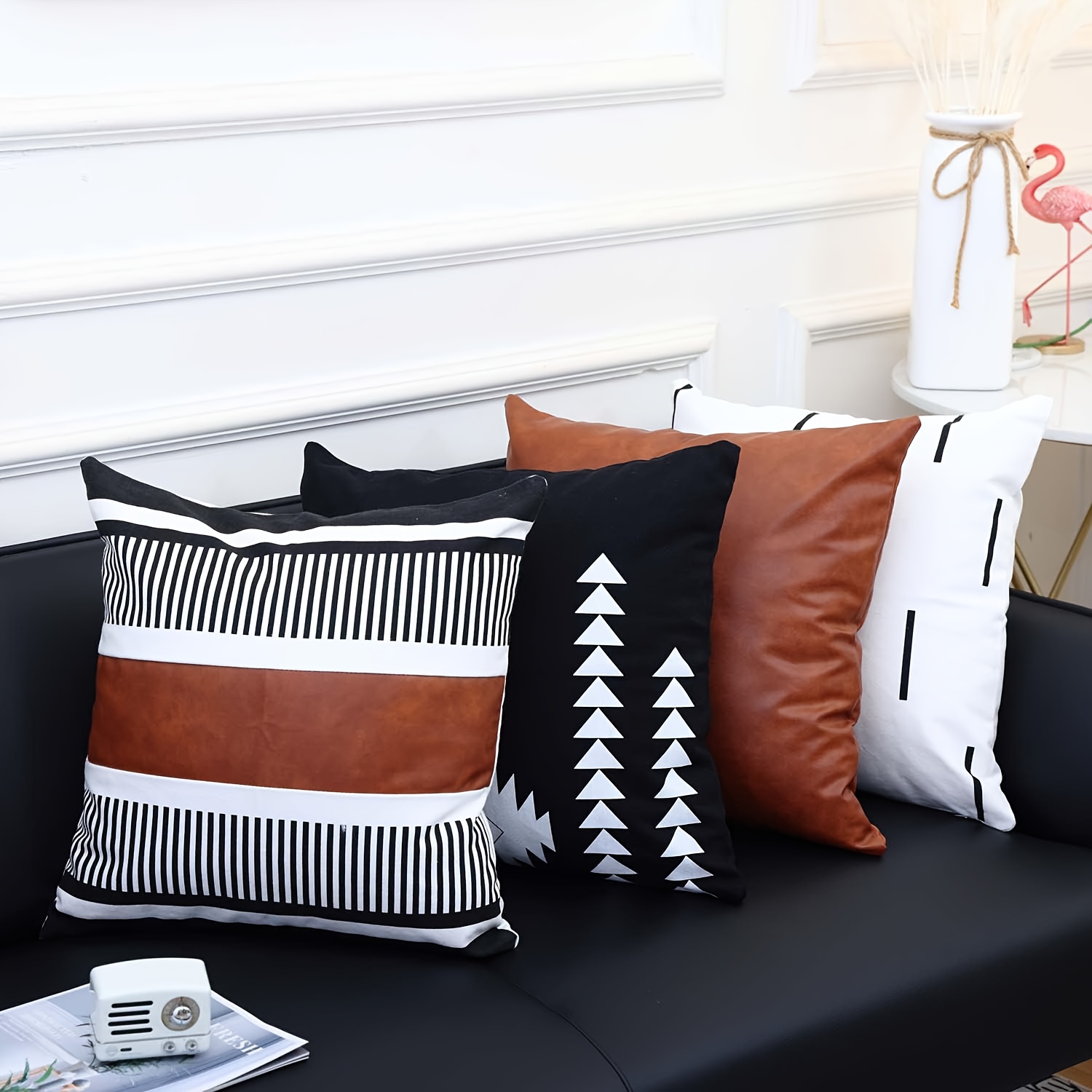 

Boho Throw Pillow Covers Set Of 4 - Modern Stripe Geometric Farmhouse Decorative Pillow Cover Sets For Pillows - Couch Sofa Bed, Faux Leather Black And White Pillow Covers