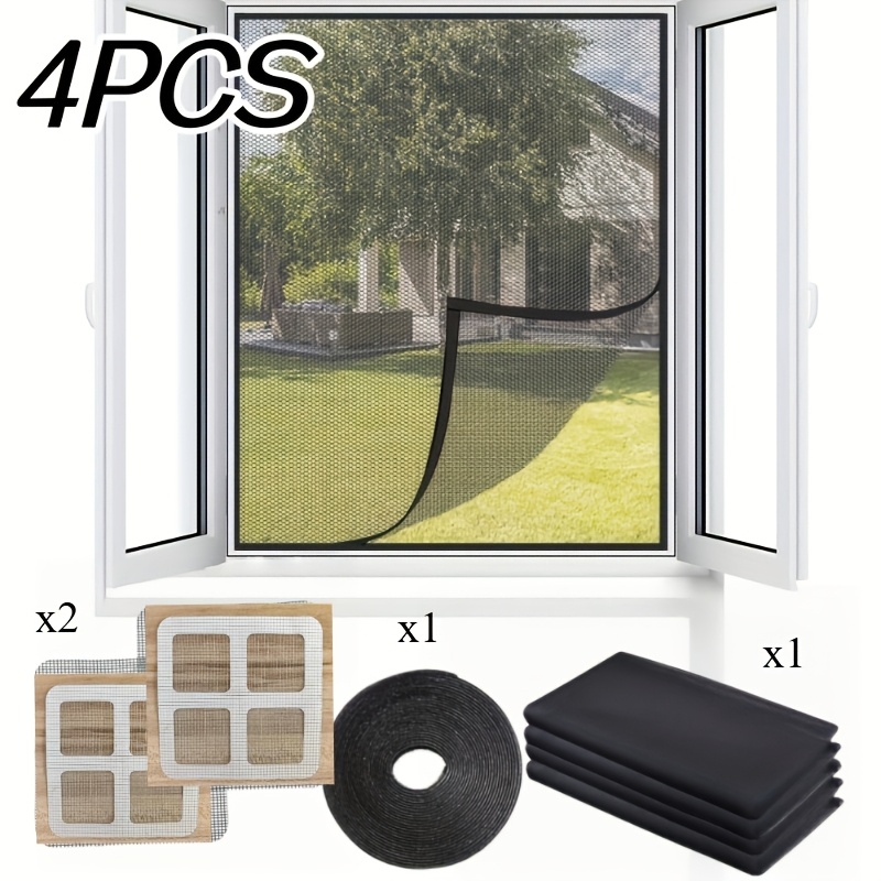 TEMU 4pcs Easy-to-install Self-adhesive Window Net Set - Invisible Mesh For Bedroom And Living Room Windows, 59in X 51in , Strong Adhesive Hooks To