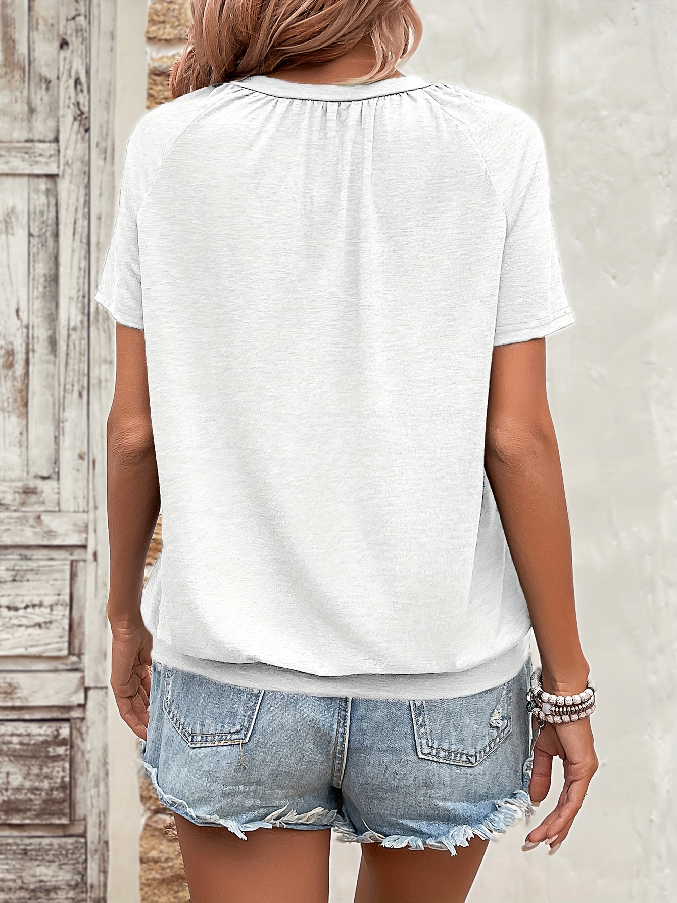 Solid Color V Neck T-Shirt, Casual Short Sleeve T-Shirt For Spring & Summer, Women's Clothing