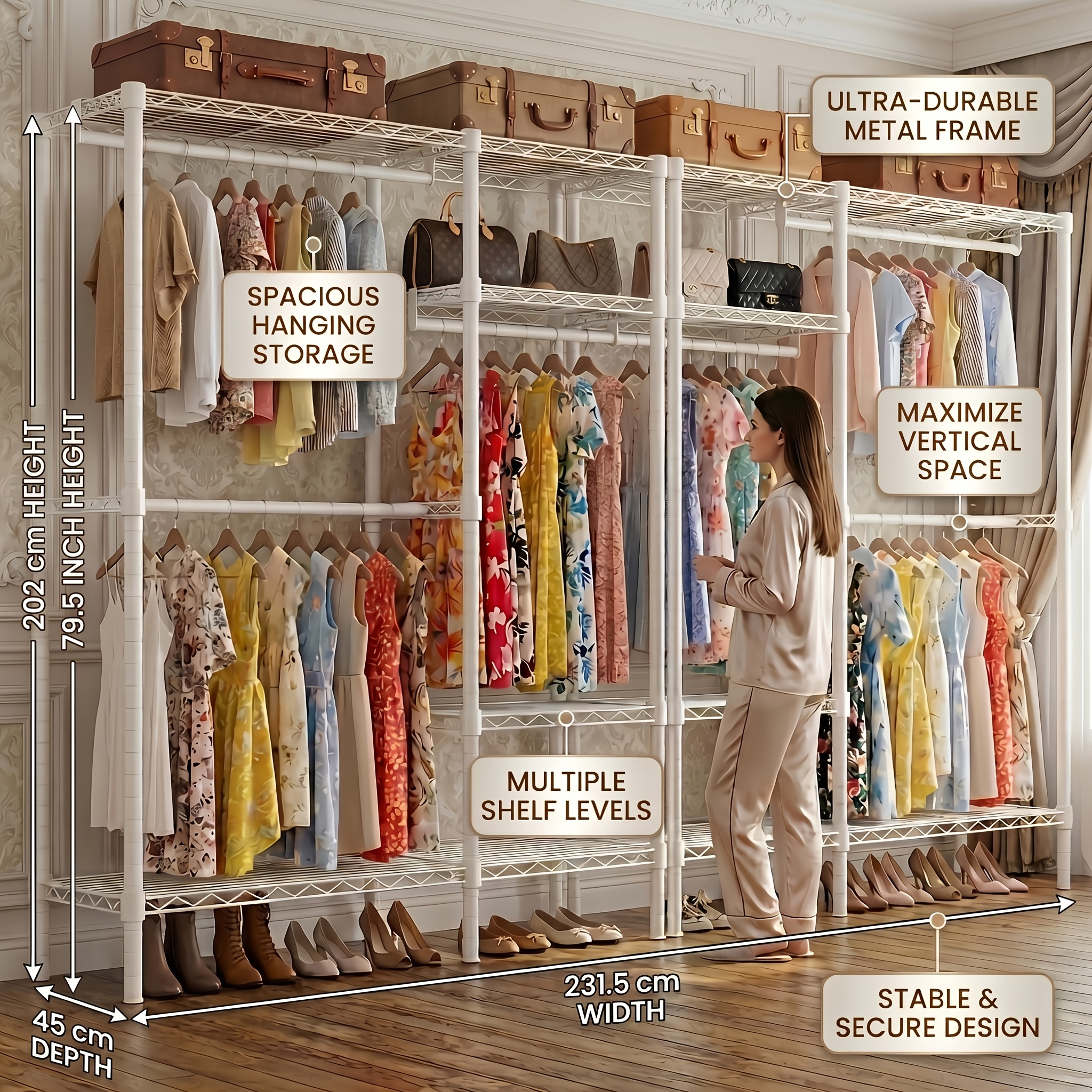 Portable & Detachable Heavy Duty Metal Garment Rack, Large Capacity Metal Clothing Rack, Freestanding Closet Organizer With 12 Shelves, 1560 Lbs Load Wardrobe Closet For Family Bedroom Display, Black