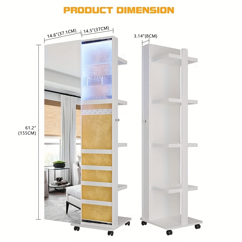 360 rotating led jewelry   full length   large capacity floor standing 3 color dimmable jewelry organizer   with 4 rollers rear storage shelves details 2