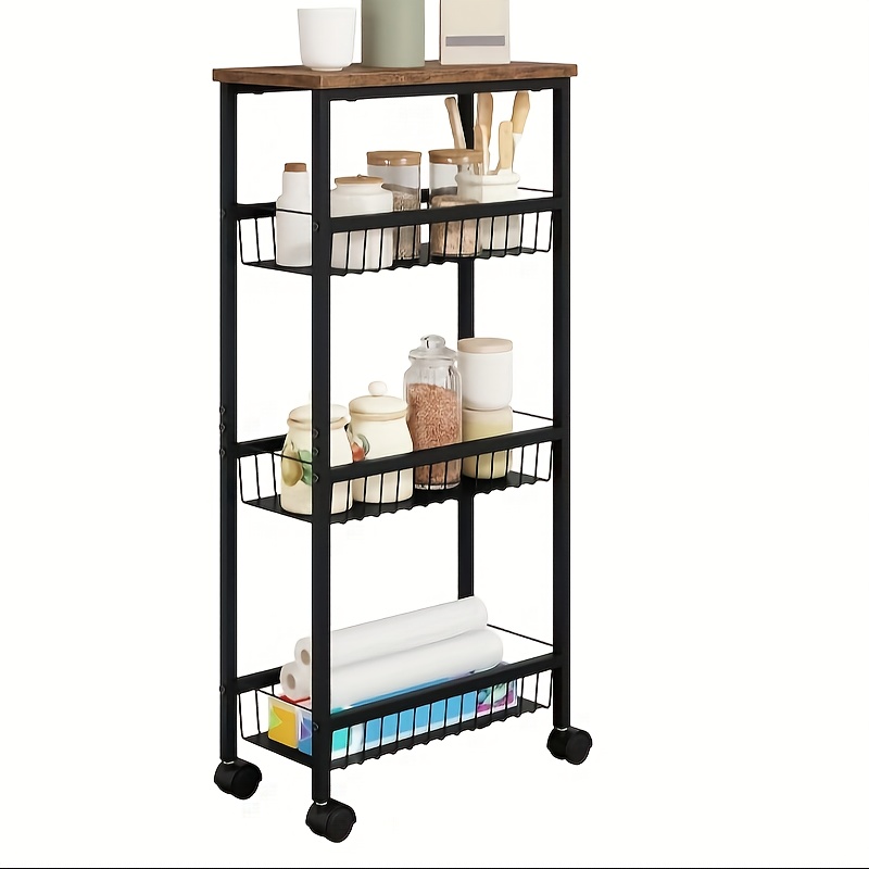 1pc Service Trolley, Kitchen Trolley With Workbench, 3 Metal Baskets, Trolley With Brake, Trolley With Wheel Wall , Kitchen Trolley, Room Rolling Rack, 40x87x20cm, Black, Utility Racks