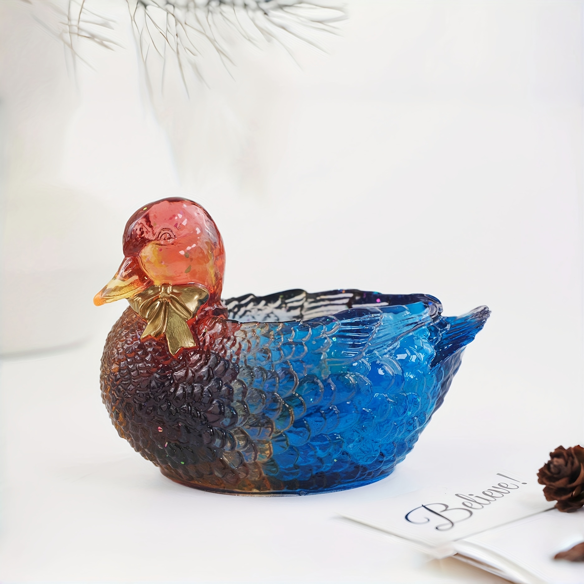 

Duck-shaped Silicone Resin Mold With Embossed Feather Pattern - Diy Candle Holder & Storage Box, Dual-tone Blue And Red, For Home Decor & Crafts