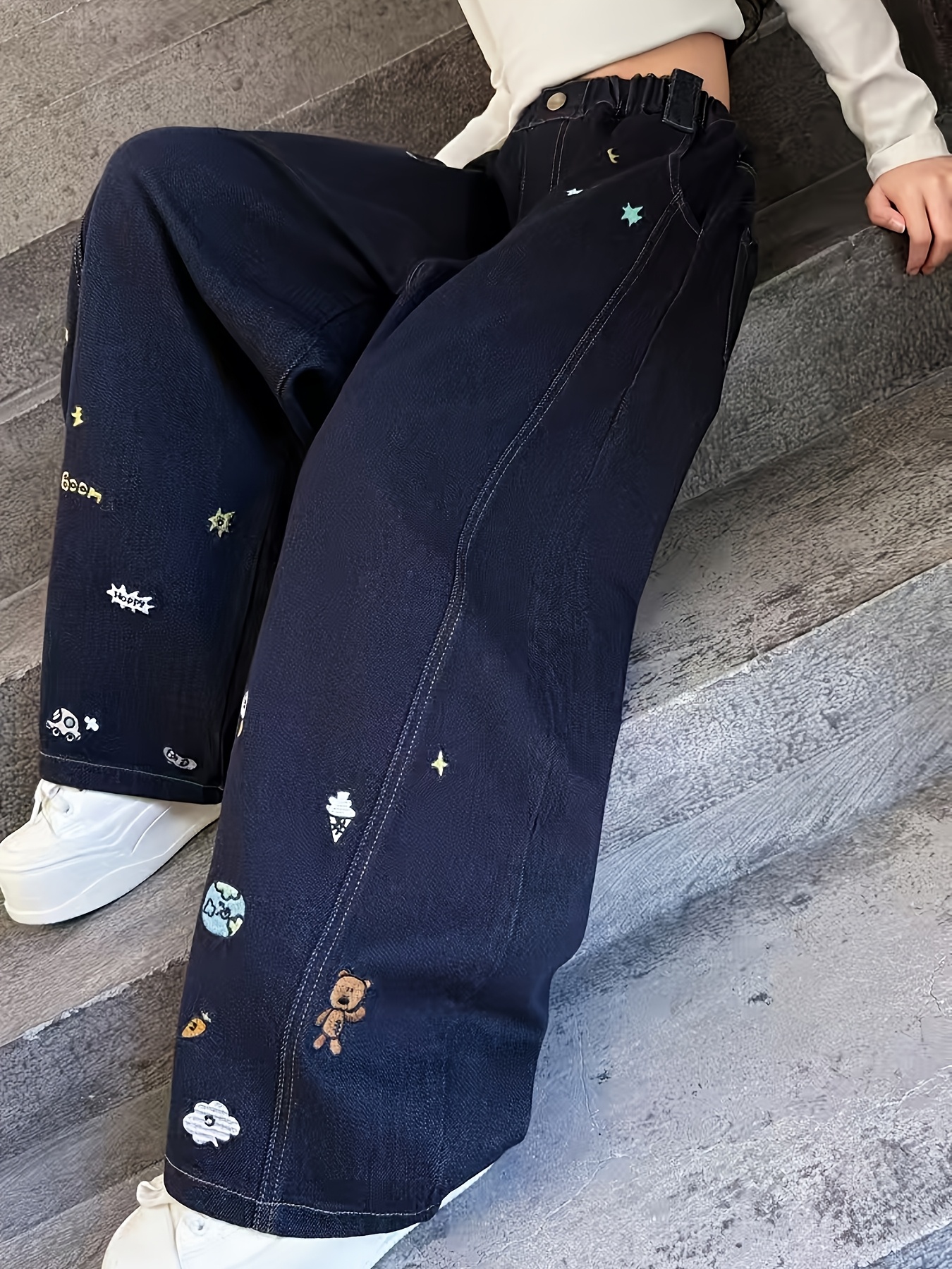 Girls' Embroidered Blue Jeans for Autumn & Spring