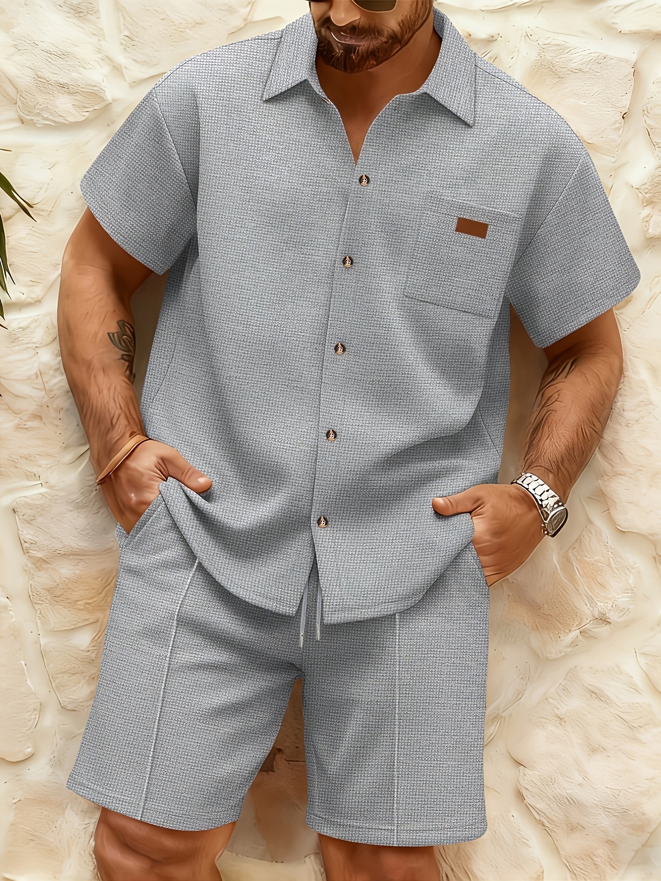 Men'S Waffle Knit Chest Pocket Short-Sleeve Shirt + Athletic Short-Sleeve Set