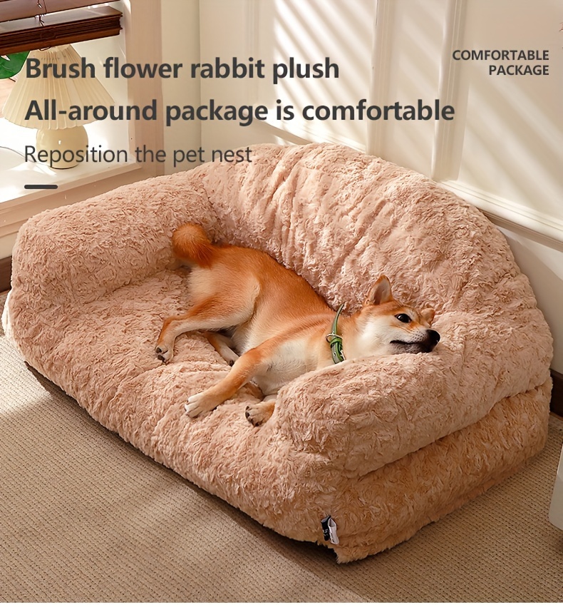 orthopedic dog bed sofa plush   fur   non slip bottom easy assembly stain scratch resistant square pet bed for   use khaki fits medium large small breeds Product details 0