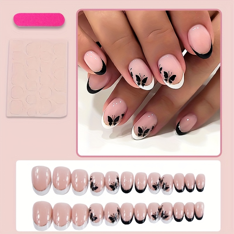 24pcs Short Oval Shape Self Adhesive Nails Art White Press On Nails Black Press On Nails Black Fake Nails Glitter False Nails Manicure Set Includes 1sheet Adhesive Tabs And 1pc Mini File Wear
