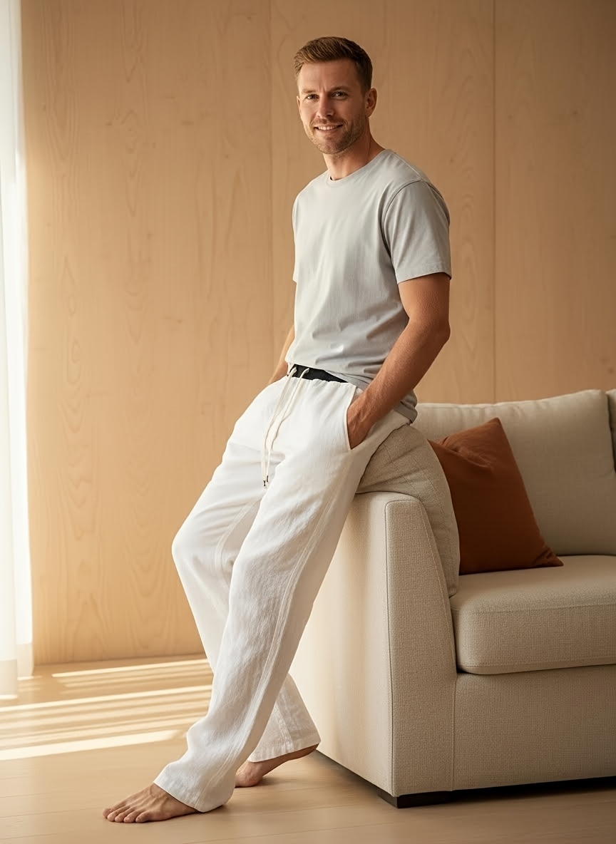 Men's Summer Linen Casual Pants with Contrast-Color Waistband and Drawstring, Breathable and Draping Straight-Leg Cut, Loose-Fitting and Non-Stuffy, Available in Multiple Colors, Suitable for Daily Commuting, Home, and Beach Vacations