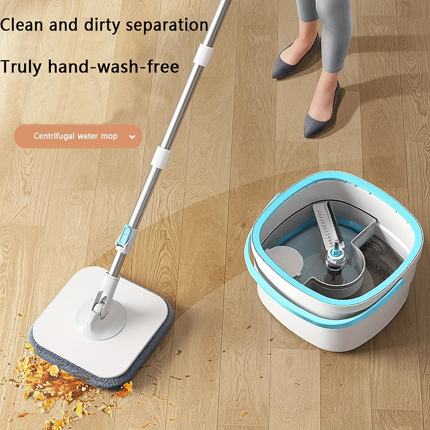   hands free mop and bucket set with 2 microfiber pads portable long handle for   floor wall cleaning in kitchen bathroom bedroom   plastic ideal for home use details 2