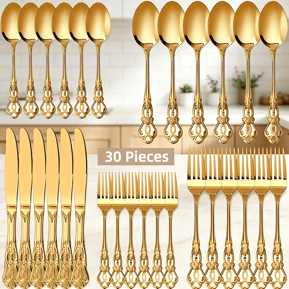 TEMU 30pcs Dinnerware Set Made Of Golden Stainless Steel, Featuring A Vintage Design. Rust-resistant And Safe For Dishwashers, Including 6 Sets Of