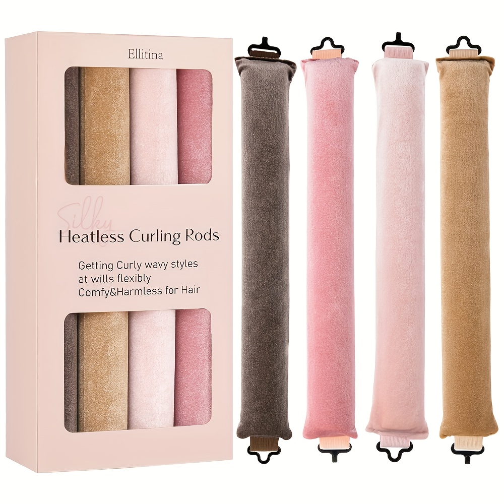ELLITINA 4pcs Heatless Curling Rods & Headband for Overnight Waves - No Heat Curling Tubes Suitable for with Normal Hair, Travel-Friendly Spring-Summer No-Heat Curling Kit for At-Home Salon Waves, Mother's Day Gift