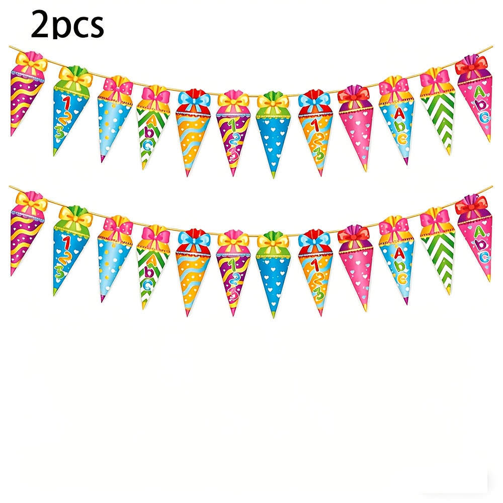 2pcs Back-to-school Party Banner And Candy Flags Decor - Vibrant Balloons, Streamer Flags, Number 99 Logo - Paper Decorations For Classrooms, Home, Or , German Party Supplies - No Electricity Needed