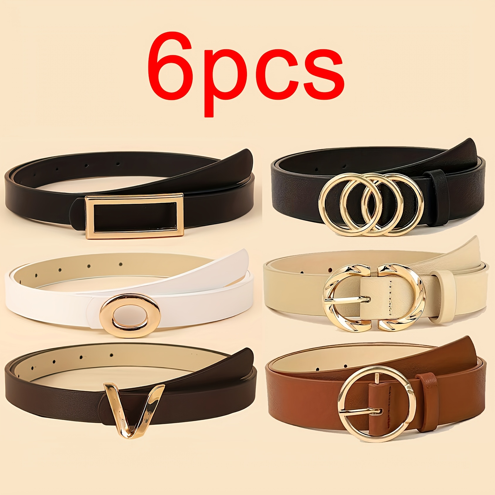 TEMU A 6pcs Collection Of Stylish And Practical Women's Belts, Featuring For Jeans And Dresses, With Metal Buckles In Three-ring, , And One-ring